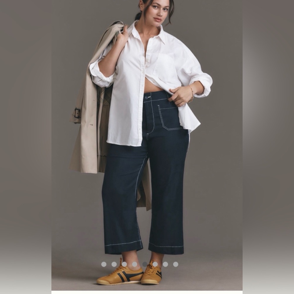 Anthropologie Maeve Colette Contrast-Stitch Linen Crop Wide-Leg Pants 34 Tall